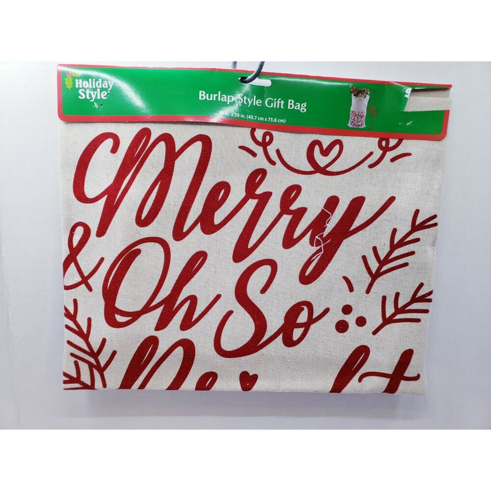 Holiday Style Christmas Merry Oh So Gift Burlap Drawstring Bag New 18" by 29"